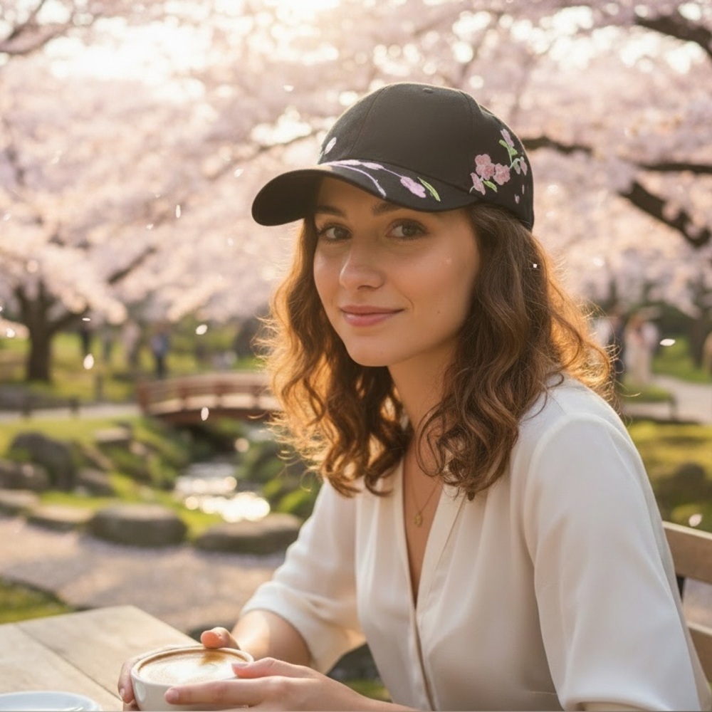 🖤🌸🖤🌸 Black Cherry Blossom Embroidered Hat — Adjustable Baseball Cap🖤🌸🖤🌸
